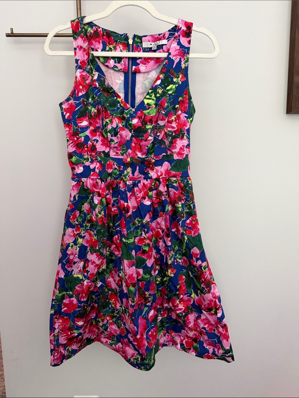 Milly Vibrant Floral V-Neck Mini Dress in Blue and Pink